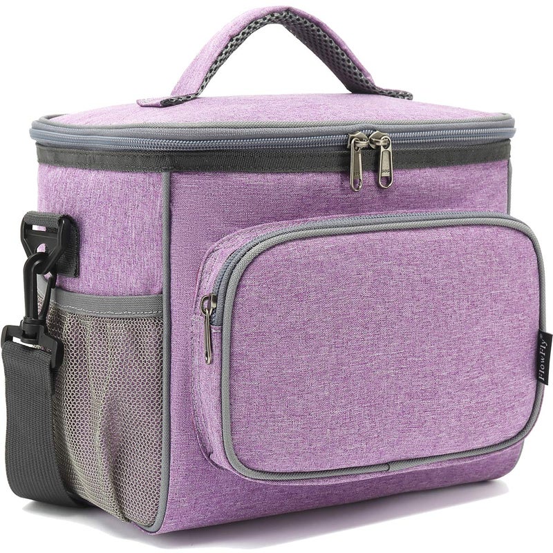 FlowFly Insulated Reusable Lunch Bag Adult Large Lunch Box for Women and Men with Adjustable Shoulder Strap,Front Zipper Pocket and Dual Large Mesh Side Pockets,Purple - Image 1